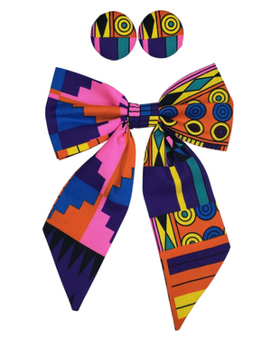 The "Royal" Multi-Color Kente Bowtie and Button Earrings Set