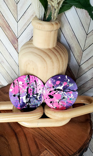 Hand Painted Pink, Purple, Black, White, Silver Circle Earrings