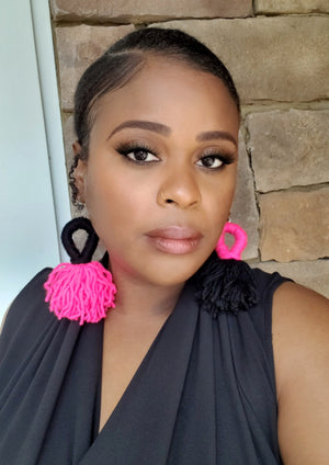 Pink And Black Dual Tone Looped Yarn Tassel Earrings