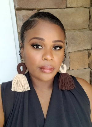 Brown and Beige Dual Tone Looped Yarn Tassel Earrings