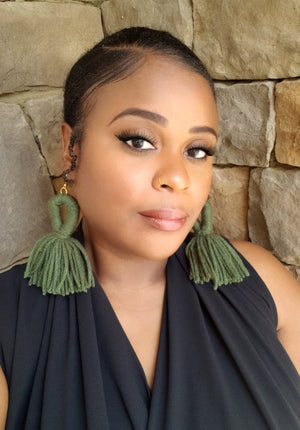 Olive Green Looped Yarn Tassel Earrings