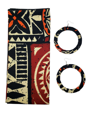 The "Tribe" Black, Cream, Maroon, and Orange Tribal Print Head Wrap or Set