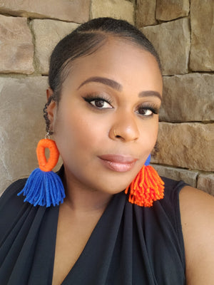 Blue and Orange Dual Tone Looped Yarn Tassel Earrings