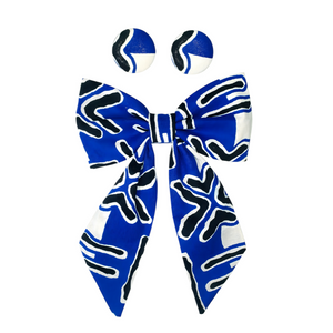 The "Zena" Blue, Black, and White Bowtie and Button Earrings Set