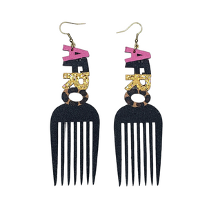 Pink Leopard Afro Pick Hand Painted Earrings
