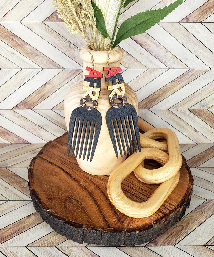 Red Leopard Afro Pick Hand Painted Earrings
