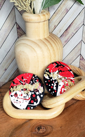 Hand Painted Red, Black, White and Gold Circle Earrings