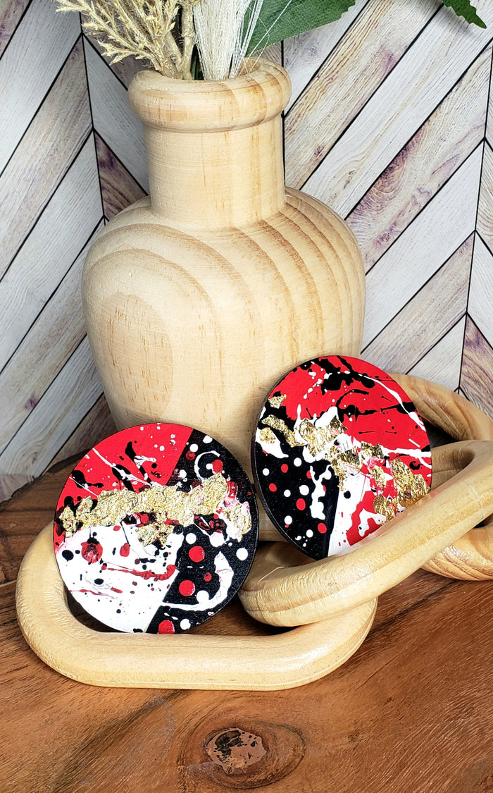 Hand Painted Red, Black, White and Gold Circle Earrings