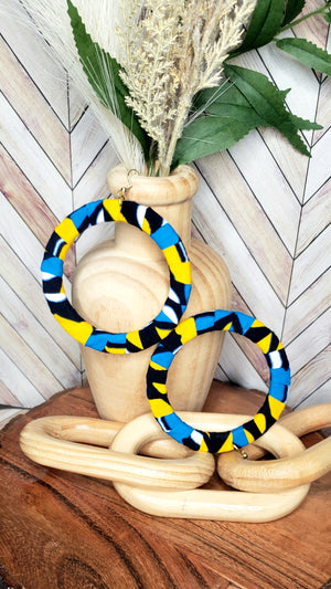 The "Kensley" Blue, Yellow, Black, White African Print Hoop Earrings