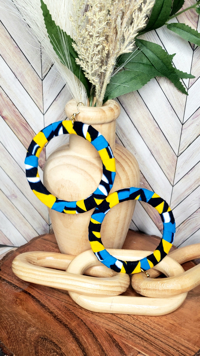 The "Kensley" Blue, Yellow, Black, White African Print Hoop Earrings