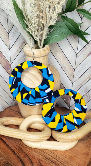 The "Kensley" Blue, Yellow, Black, White African Print Hoop Earrings