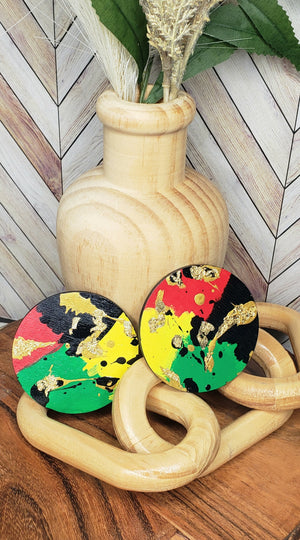 Hand Painted Black, Red, Yellow, Green, Gold Circle Earrings
