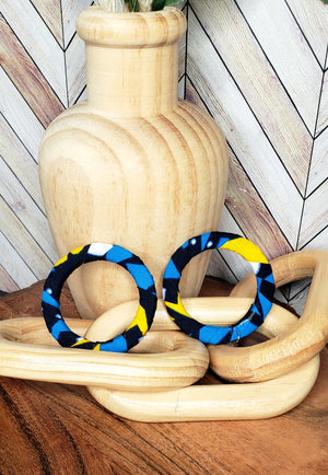 The "Kensley" Blue, Yellow, Black, White African Print Hoop Earrings