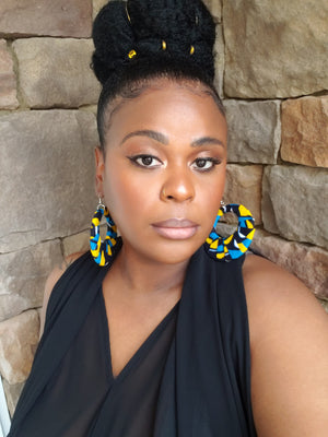 The "Kensley" Blue, Yellow, Black, White African Print Hoop Earrings