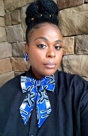 The "Zena" Blue, Black, and White Bowtie and Button Earrings Set