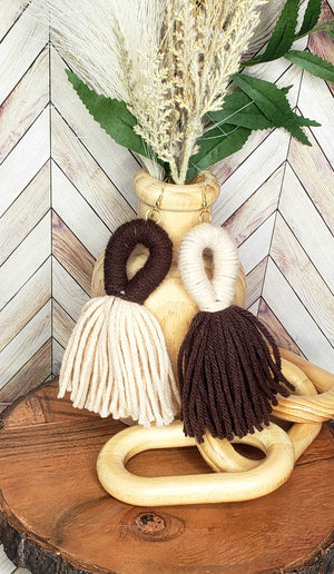 Brown and Beige Dual Tone Looped Yarn Tassel Earrings