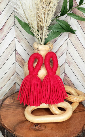 Red Looped Yarn Tassel Earrings