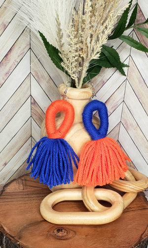 Blue and Orange Dual Tone Looped Yarn Tassel Earrings