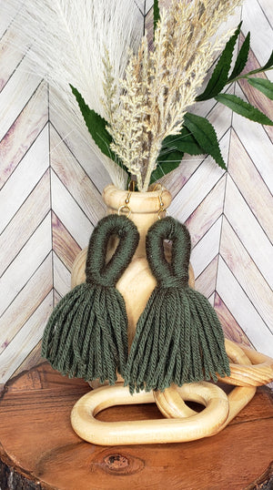 Olive Green Looped Yarn Tassel Earrings