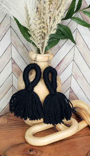 Black Looped Yarn Tassel Earrings