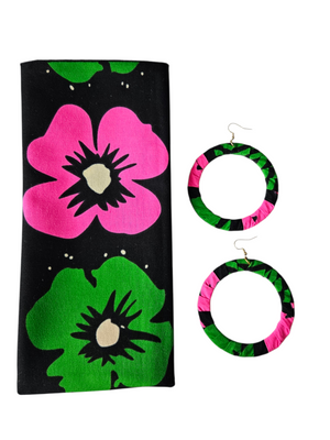 Floral Queen Pink, Green, Black, Beige Floral Print Head Wrap or Set