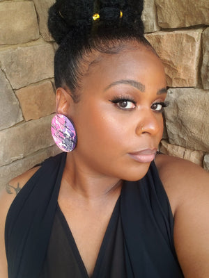 Hand Painted Pink, Purple, Black, White, Silver Circle Earrings