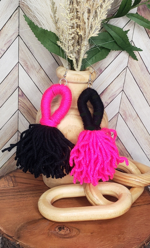 Pink And Black Dual Tone Looped Yarn Tassel Earrings